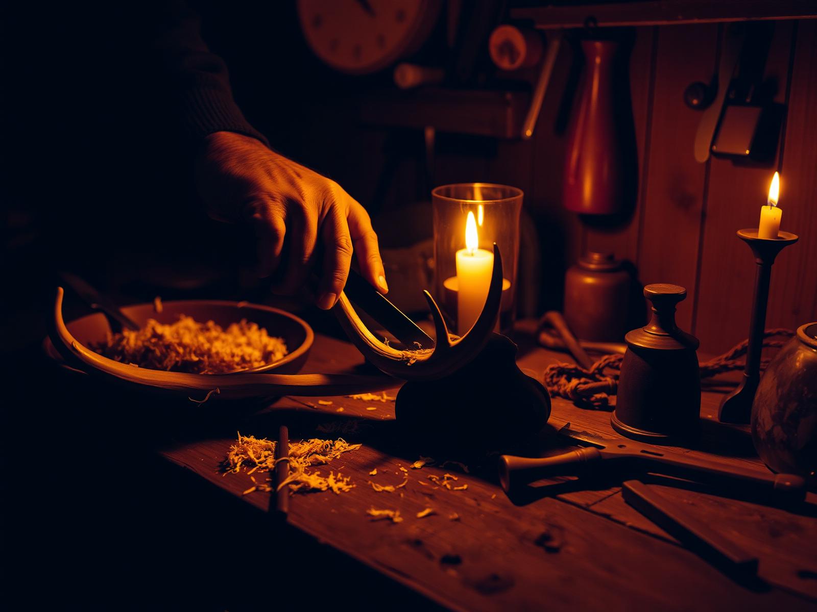 Richard Kent carving an antler by candlelight